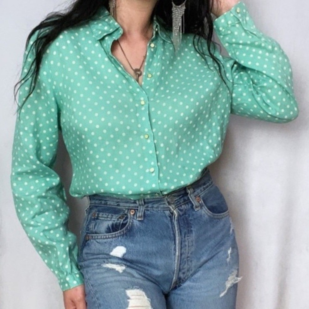 Soft Surroundings Button Down Womens XL Mint Green Polka Dot Linen Shirt Coastal - Picture 1 of 9